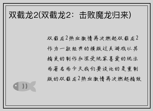 双截龙2(双截龙2：击败魔龙归来)