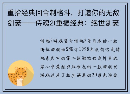 重拾经典回合制格斗，打造你的无敌剑豪——侍魂2(重振经典：绝世剑豪——侍魂2再度崛起)