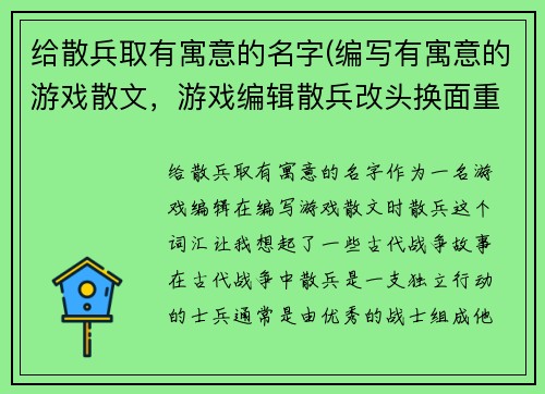 给散兵取有寓意的名字(编写有寓意的游戏散文，游戏编辑散兵改头换面重出江湖！)